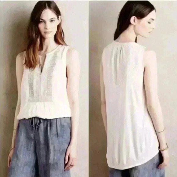 Anthropologie Embellished Tunic Cream Top - Picture 1 of 4